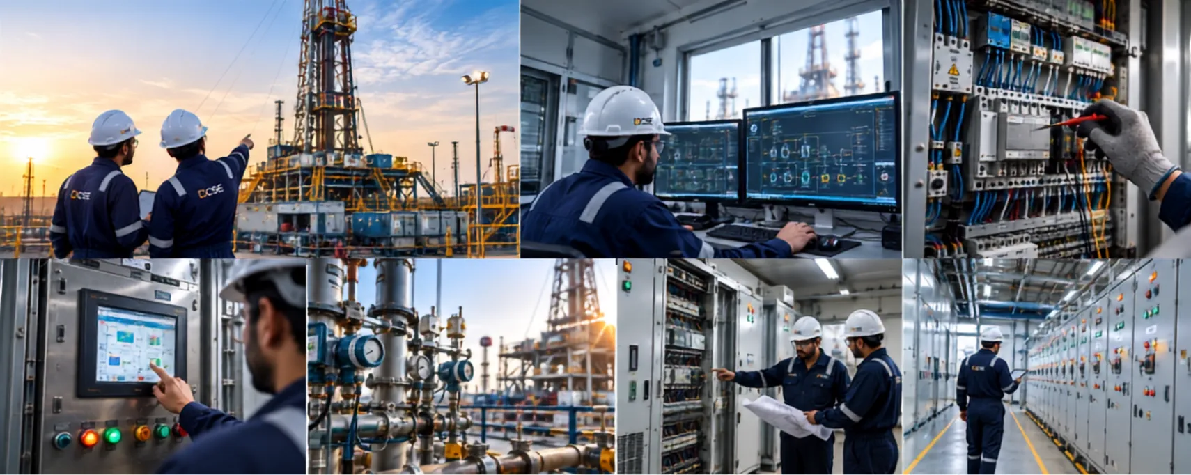 Two engineers reviewing an oil rig at sunset